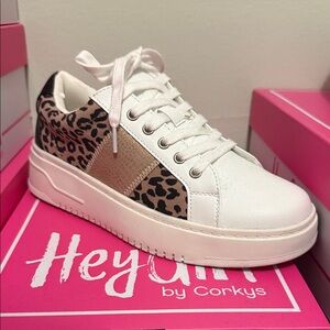 Corkys Women's White and Leopard Print Sneakers